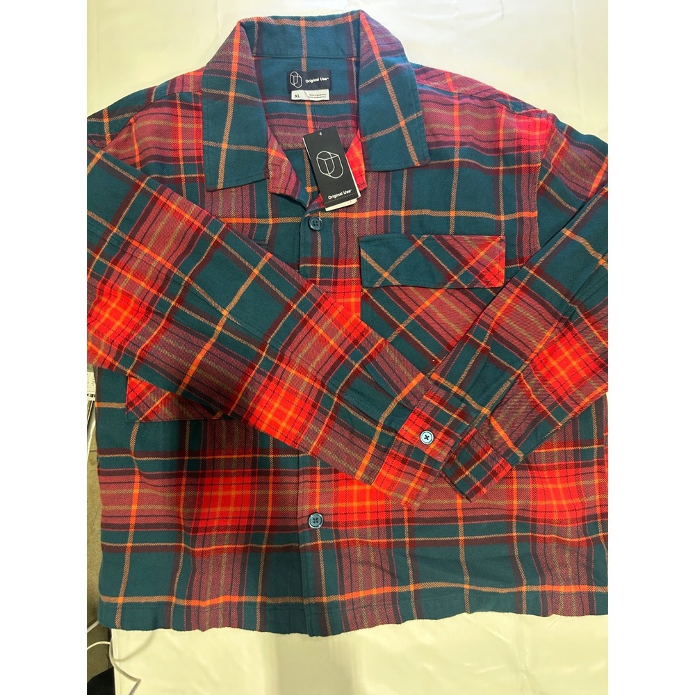 Original Use Mens XL Plaid Flannel Button Down Shirt Teal Red Orange NWT